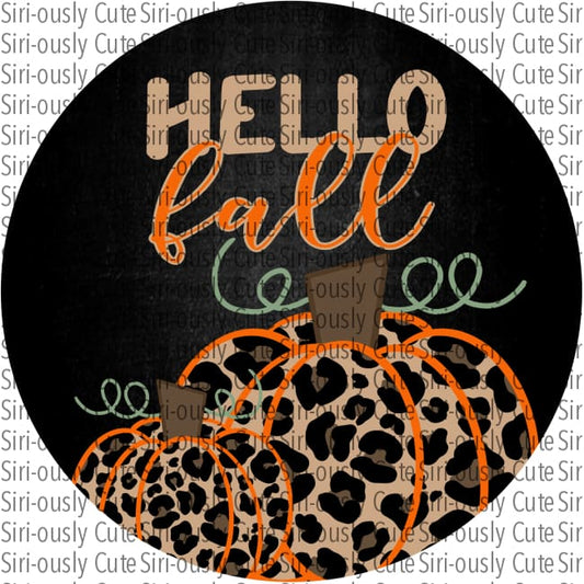 Hello Fall - Leopard Pumpkin Black Background Round